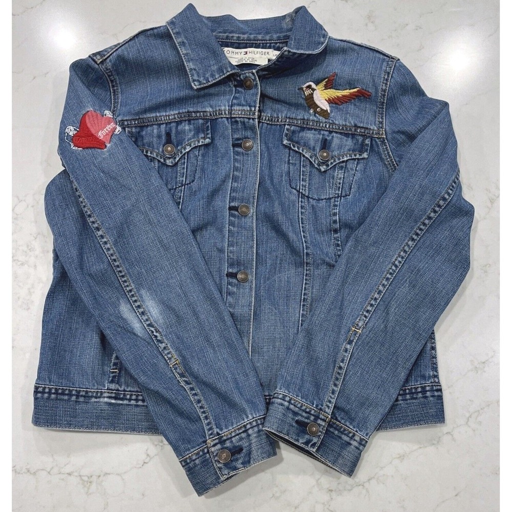 Tommy Hilfiger Womens‎ Embroidered Y2K Jean Denim Jacket Distressed Sz L